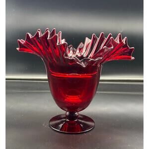 Vintage Blenko Ruby Red Crimped Edge Pedestal Vase 9" Tall Mint Cond Beautiful